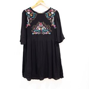 Xhilaration Black Embroidered Mini Dress Boho Festival Hippie Size Large